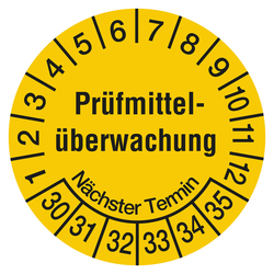 Prüfplaketten gelb Ø 20 mm "Prüfmittelüberwachung Nächster Termin" 2030 - 2035 aus PVC-Folie 10 Stück/Bogen