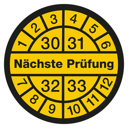 Prüfplaketten gelb Ø 12,5 mm "Nächste Prüfung" 2030 - 2033 aus PVC-Folie 10 Stück/Bogen
