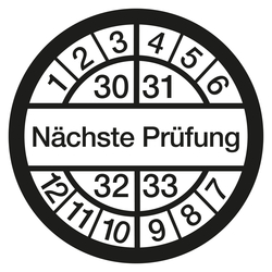 Prüfplaketten weiß Ø 16 mm "Nächste Prüfung" 2030 - 2033 aus Dokumentenfolie 10 Stück/Bogen