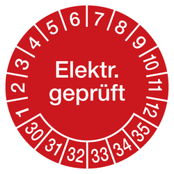 Prüfplaketten rot Ø 20 mm "Elektr. geprüft" 2030 - 2035 aus PVC-Folie 10 Stück/Bogen