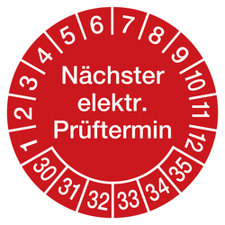 Prüfplaketten rot Ø 30 mm "Nächster elektr. Prüftermin" 2030 - 2035 aus PVC-Folie 10 Stück/Bogen