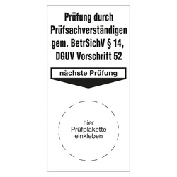 Grundplakette wei&szlig; 40 x 80 mm "Pr&uuml;fung gem. BetrSichV &sect;14, DGUV Vorschrift 52, n&auml;chste Pr&uuml;fung" 50er Pack