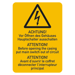 Warnschild "Achtung! Vor Öffnen des Gehäuses Hauptschalter ausschalten" 3-sprachig Folie selbstklebend