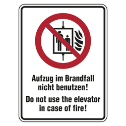 Verbotsschild Aufzug im Brandfall nicht benutzen 2-sprachig
