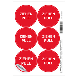 Türetikett rot "Ziehen / Pull" deutsch/englisch Folie selbstklebend Ø 60 mm 6 Stück/Bogen
