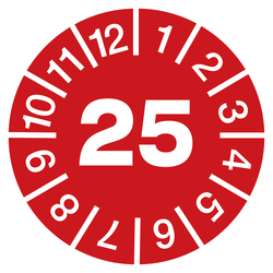Jahresprüfplaketten rot Ø 30 mm Jahr 2025 aus PVC-Folie 10 Stück/Bogen