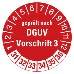 Pr&uuml;fplaketten rot &Oslash; 30 mm "gepr&uuml;ft nach DGUV Vorschrift 3" 2031 - 2036 Folie selbstklebend 500 St&uuml;ck in Spenderbox