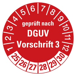 Prüfplaketten rot Ø 30 mm "geprüft nach DGUV Vorschrift 3" 2025 - 2030 Folie selbstklebend 500 Stück in Spenderbox