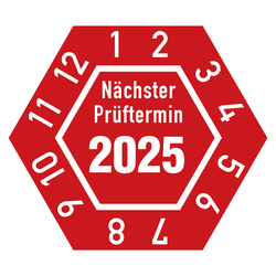 Jahresprüfplaketten rot 30 x 26 mm "Nächster Prüftermin" sechseckig Jahr 2025 aus PVC-Folie 10 Stück/Bogen