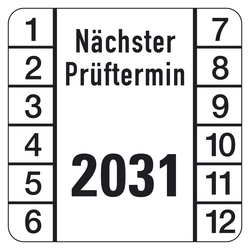 Pr&uuml;fplakette N&auml;chster Pr&uuml;ftermin 2031 Wei&szlig; Folie 30 x 30 mm 10 St&uuml;ck/Bogen