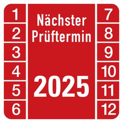 Jahresprüfplaketten rot 30 x 30 mm "Nächster Prüftermin" Jahr 2025 aus PVC-Folie 10 Stück/Bogen
