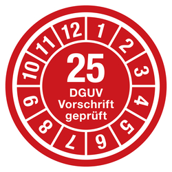 Jahresprüfplaketten rot Ø 35 mm "DGUV Vorschrift geprüft" Jahr 2025 aus PVC-Folie 10 Stück/Bogen