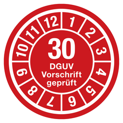 Jahresprüfplaketten rot Ø 35 mm "DGUV Vorschrift geprüft" Jahr 2030 aus Dokumentenfolie 10 Stück/Bogen