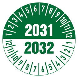 Pr&uuml;fplakette mit Jahreszahl 2031 f&uuml;r 2 Jahre Gr&uuml;n Folie &Oslash; 30 mm 10 St&uuml;ck/Bogen