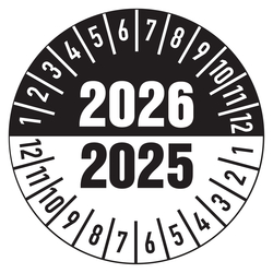 Prüfplaketten weiß/schwarz Ø 30 mm für die Jahre 2025/2026 Folie 10 Stück/Bogen