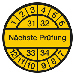 Pr&uuml;fplaketten gelb &Oslash; 30 mm "N&auml;chste Pr&uuml;fung" 2031 - 2034 Folie selbstklebend 500 St&uuml;ck in Spenderbox