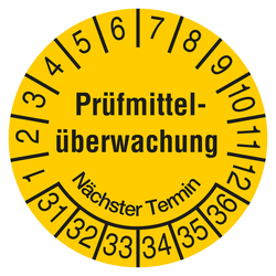 Pr&uuml;fplakette Pr&uuml;fmittel&uuml;berwachung N&auml;chster Termin Jahr 2031 Gelb Folie &Oslash; 20 mm 10 St&uuml;ck/Bogen