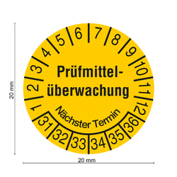 Pr&uuml;fplakette Pr&uuml;fmittel&uuml;berwachung N&auml;chster Termin Jahr 2031 Gelb Folie &Oslash; 20 mm 10 St&uuml;ck/Bogen
