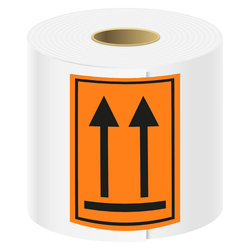 Gefahrzettel, Verpackungskennzeichen Ausrichtungspfeile Oben, Orange, Pfeile Schwarz mit Rahmen, Haftpapier, 105 x 148 mm, 500 Stück/Rolle