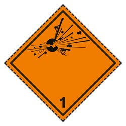 Gefahrzettel, Gefahrgutaufkleber Klasse 1 Explosive Stoffe mit gestrichelter Kontrastlinie, Haftpapier, 50 x 50 mm, 100 Stück/Rolle