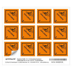 Gefahrzettel, Gefahrgutaufkleber Klasse 1 Explosive Stoffe mit Zusatztext EXPLOSIVE, Folie, 30 x 30 mm, 12 Stück/Bogen