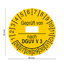 Pr&uuml;fplakette Gepr&uuml;ft von nach DGUV V 3 2026 Gelb Dokumentenfolie &Oslash; 30 mm 10 St&uuml;ck/Bogen