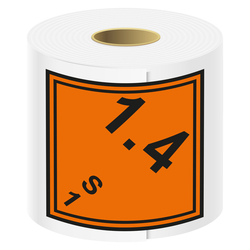 Gefahrzettel, Gefahrgutaufkleber Klasse 1.4 S Explosive Stoffe mit durchgehender Kontrastlinie, Folie, 100 x 100 mm, 500 Stück/Rolle