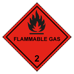 Gefahrzettel, Gefahrgutaufkleber Klasse 2.1 Entzündbare Gase mit Zusatztext FLAMMABLE GAS, Flamme Schwarz mit gestrichelter Kontrastlinie in verschiedenen Größen und Materialien