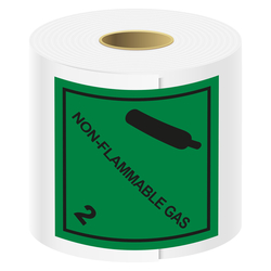 Gefahrzettel, Gefahrgutaufkleber Klasse 2.2 Nicht entzündbare, nicht giftige Gase mit Zusatztext NON-FLAMMABLE GAS, Gasflasche Schwarz, Haftpapier, 100 x 100 mm, 500 Stück/Rolle