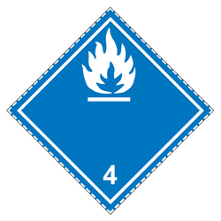Gefahrzettel, Gefahrgutaufkleber Klasse 4.3 Stoffe, die mit Wasser entzündliche Gase bilden, Flamme Weiß mit gestrichelter Kontrastlinie, Folie, 150 x 150 mm, 100 Stück/Rolle