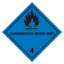 Gefahrzettel, Gefahrgutaufkleber Klasse 4.3 Stoffe, die mit Wasser entzündliche Gase bilden mit Zusatztext DANGEROUS WHEN WET, Flamme Schwarz, Haftpapier, 150 x 150 mm, 500 Stück/Rolle