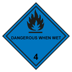 Gefahrzettel, Gefahrgutaufkleber Klasse 4.3 Stoffe, die mit Wasser entzündliche Gase bilden mit Zusatztext DANGEROUS WHEN WET, Flamme Schwarz mit durchgehender Kontrastlinie, Haftpapier, 150 x 150 mm, 100 Stück/Rolle