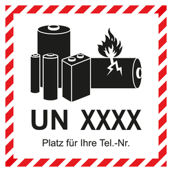 Aufkleber Lithium Batterie mit Eindruck UN-Nummer und Telefonnummer, Folie, 100 x 100 mm, 500 St&uuml;ck/Rolle