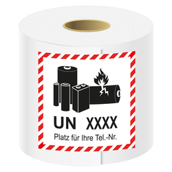 Aufkleber Lithium Batterie mit Eindruck UN-Nummer und Telefonnummer, Folie, 100 x 100 mm, 500 St&uuml;ck/Rolle