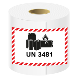 Aufkleber Lithium Batterie mit UN 3481, Haftpapier, 100 x 70 mm, 500 St&uuml;ck/Rolle