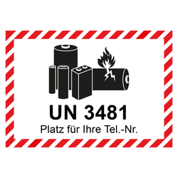 Aufkleber Lithium Batterie mit UN-Nummer UN 3481 und Eindruck Telefonnummer, Haftpapier, 105 x 74 mm, 500 St&uuml;ck/Rolle