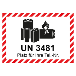 Aufkleber Lithium Batterie mit UN-Nummer UN 3481 und Eindruck Telefonnummer, Haftpapier, 100 x 70 mm, 500 St&uuml;ck/Rolle