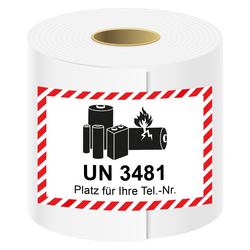 Aufkleber Lithium Batterie mit UN-Nummer UN 3481 und Eindruck Telefonnummer, Haftpapier, 100 x 70 mm, 500 St&uuml;ck/Rolle