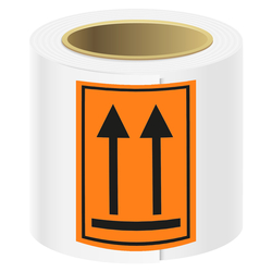 Gefahrzettel, Verpackungskennzeichen Ausrichtungspfeile Oben, Orange, Pfeile Schwarz mit Rahmen, Folie, 74 x 105 mm, 100 Stück/Rolle