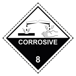 Gefahrzettel, Gefahrgutaufkleber Klasse 8 Ätzende Stoffe mit Zusatztext CORROSIVE, mit gestrichelter Kontrastlinie, Haftpapier, 100 x 100 mm, 500 Stück/Rolle