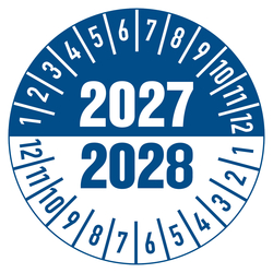 Prüfplaketten blau/weiß Ø 30 mm für die Jahre 2027/2028 aus PVC-Folie 10 Stück/Bogen