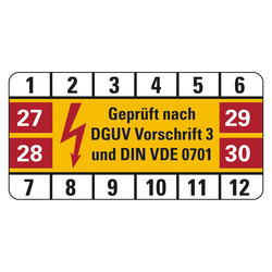 Prüfplaketten 50 x 25 mm "Geprüft nach DGUV Vorschrift 3 und DIN VDE 0701" 2027 - 2030 aus PVC-Folie 10 Stück/Bogen