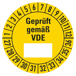 Prüfplaketten gelb Ø 30 mm "Geprüft gemäß VDE" 2027 - 2032 aus PVC-Folie 10 Stück/Bogen