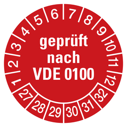 Prüfplaketten rot Ø 30 mm "geprüft nach VDE 0100" 2027 - 2032 aus PVC-Folie 10 Stück/Bogen
