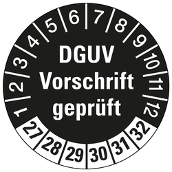Prüfplaketten schwarz Ø 30 mm "DGUV Vorschrift geprüft" 2027 bis 2032 aus PVC-Folie 10 Stück/Bogen