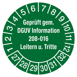 Prüfplaketten grün Ø 30 mm "Geprüft gem. DGUV Information 208-016 Leitern u. Tritte" 2027 aus PVC-Folie 10 Stück/Bogen