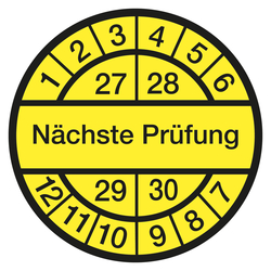 Prüfplaketten gelb Ø 12,5 mm "Nächste Prüfung" 2027 - 2030 aus PVC-Folie 10 Stück/Bogen