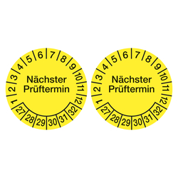 Prüfplaketten gelb Ø 100 mm "Nächster Prüftermin" 2027 - 2032 aus PVC-Folie 2 Stück/Bogen