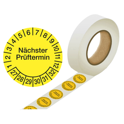 Prüfplaketten gelb Ø 30 mm "Nächster Prüftermin" 2027 - 2032 aus PVC-Folie 1000 Stück/Rolle