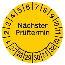 Pr&uuml;fplakette N&auml;chster Pr&uuml;ftermin 2027 Gelb Folie &Oslash; 60 mm 4 St&uuml;ck/Bogen
